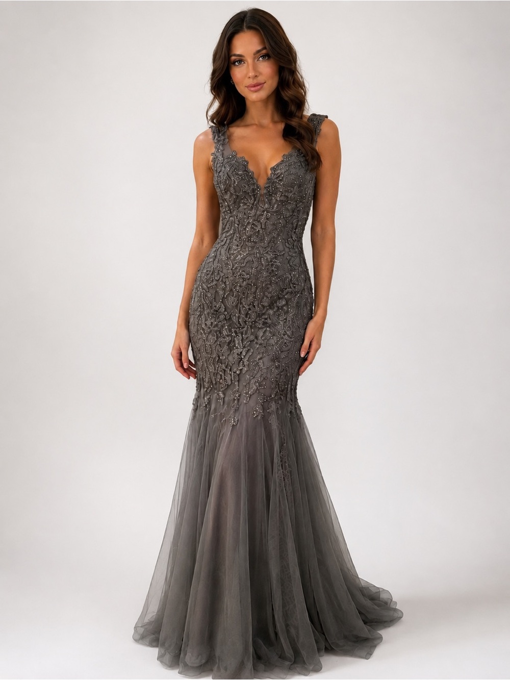 NWOT Ivonne D by Mon Cheri Style 118D02 Tulle Gown in Gray ~ Size 6 | MSRP $698